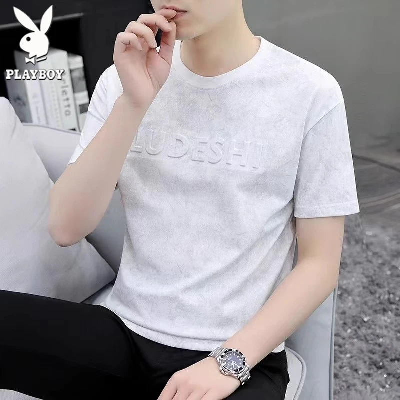 花花公子冰丝短袖t恤男士夏季新款高档时尚百搭休闲轻奢痞帅男装