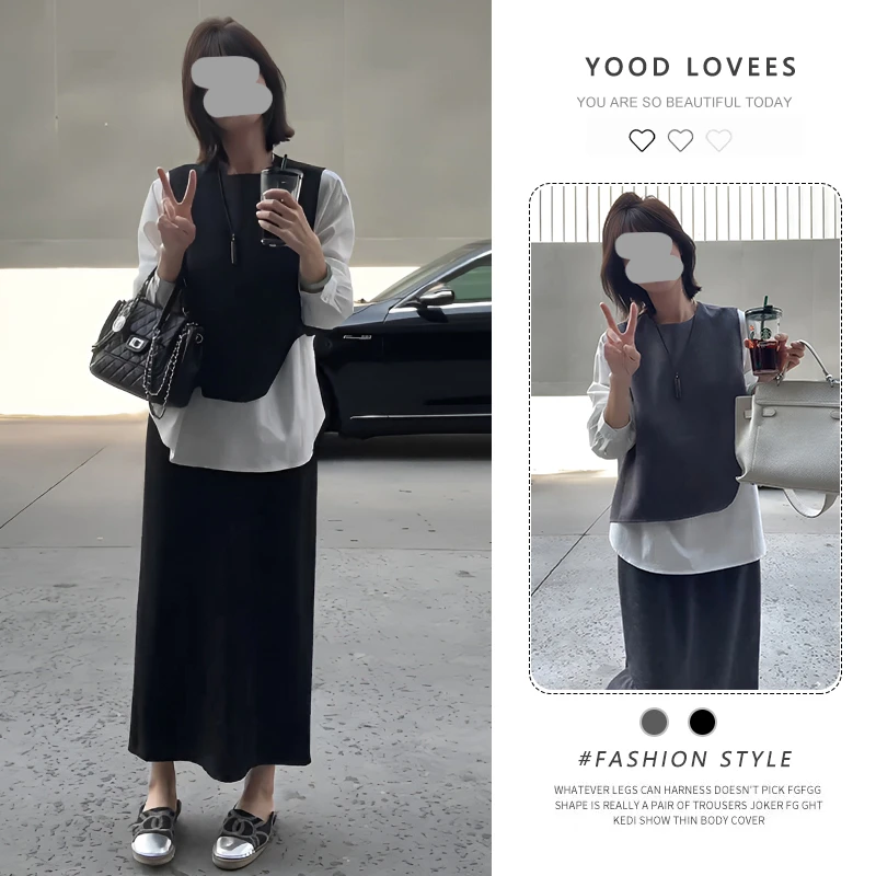 气质减龄假两件衬衫套装女春秋新款设计感上衣开叉半身裙两件套