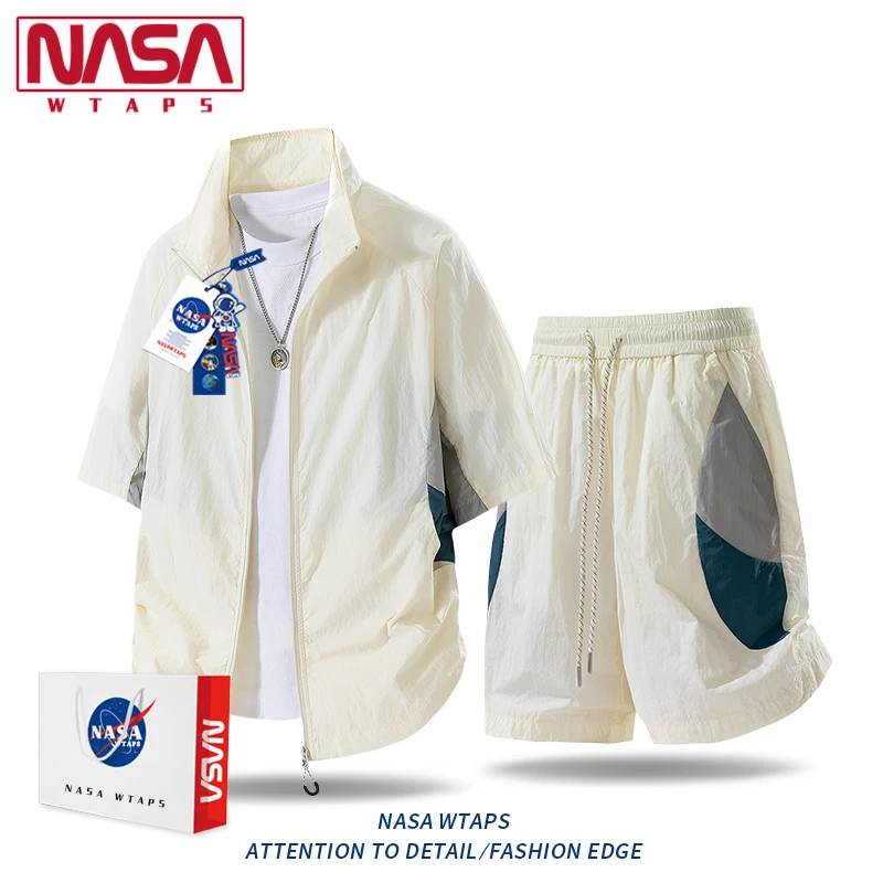 NASA WTAPS撞色短袖衬衫套装男款夏季新款冰丝速干凉感休闲潮衬衣