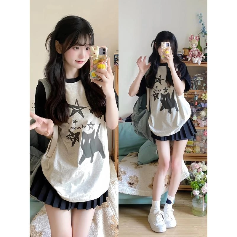 中大童学生纯棉盐系短袖插肩T恤百褶短裙初中少女学院风两件套