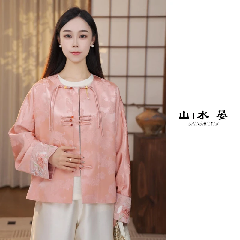 国风新中式桑蚕丝外套女盘口刺绣立体高端圆领减龄时尚上衣UNA582