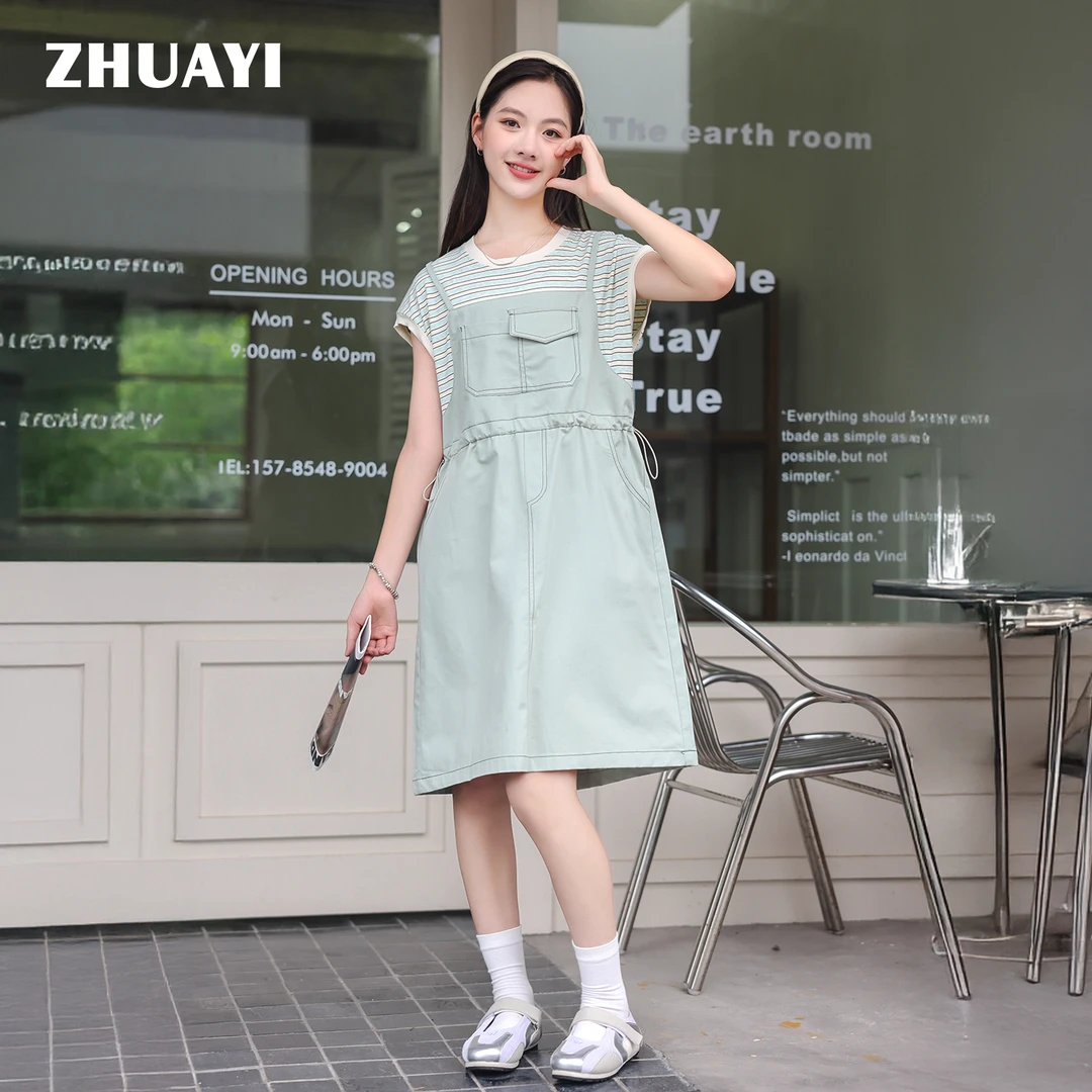 朱阿姨条纹拼接连衣裙显瘦夏装工装裙子假两件背带裙（25222345）3