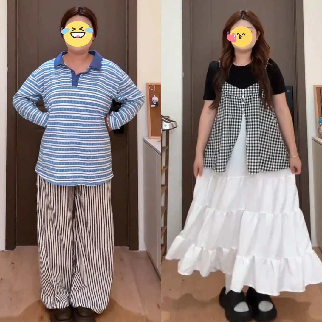 大码夏季套装短袖上衣格子拼接吊带裙两件套女胖mm巨显瘦叠搭套装