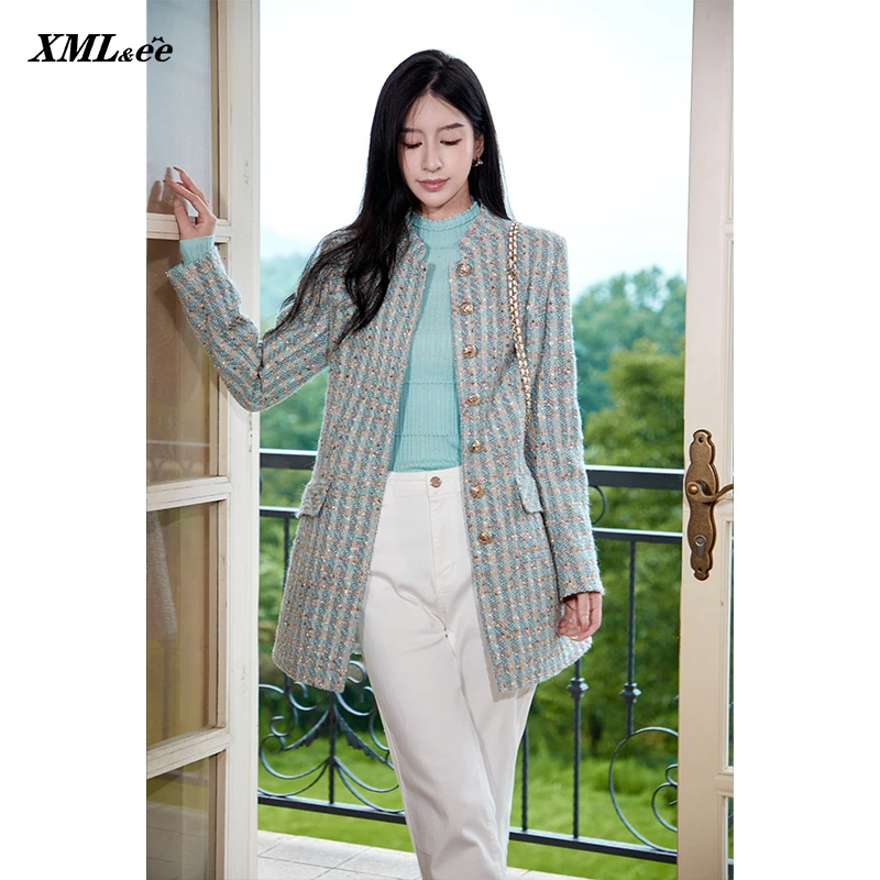 【晨粉专享价】艾米尔雅依 绿色格纹中长款小香风外套 Y433J1446