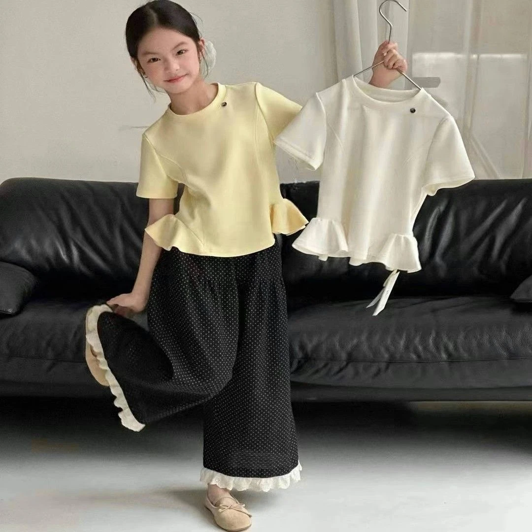 【陈思晨】女童气质短袖夏季法式童装2025新款花边空气棉T恤
