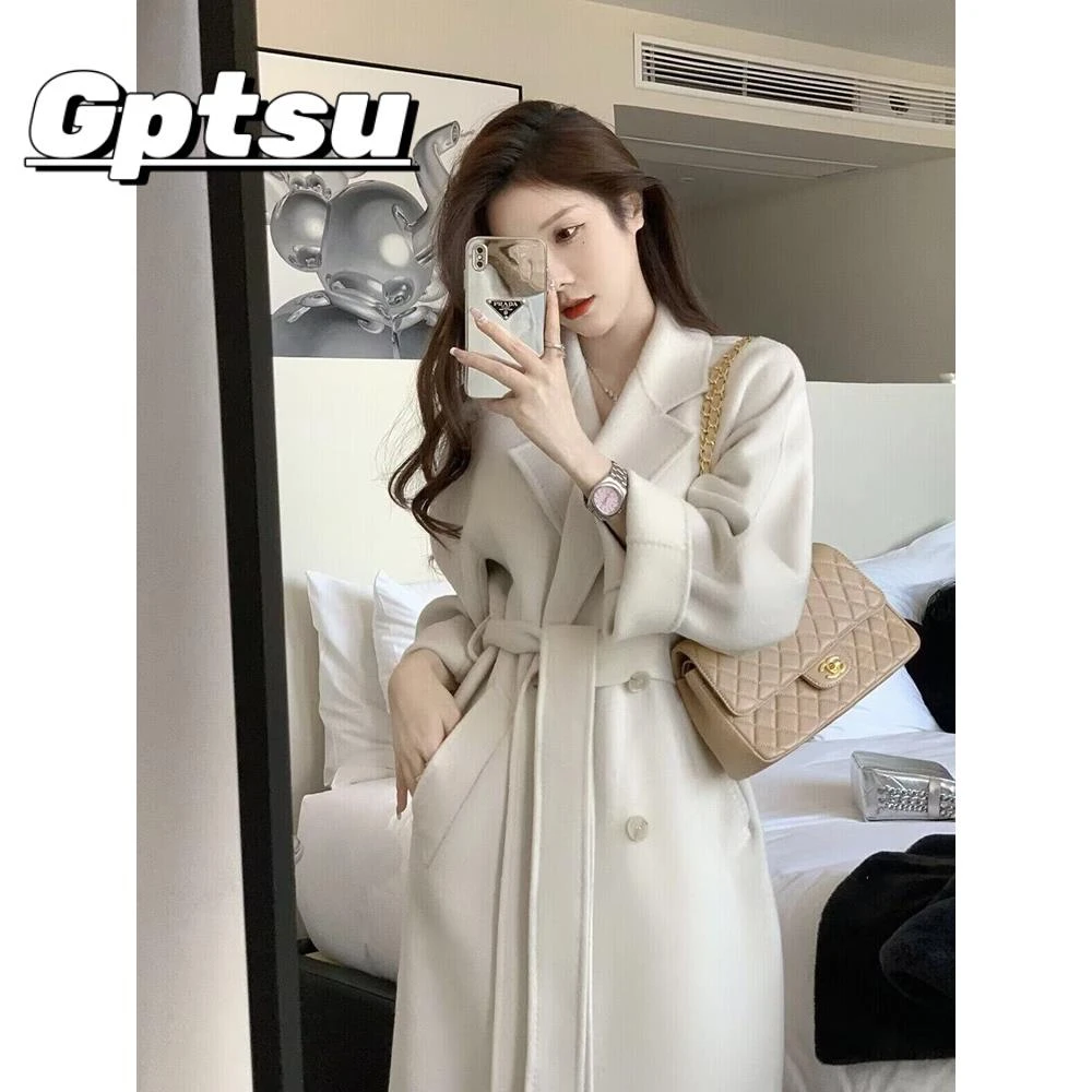 GPTSu米白色大衣女洋气2025秋冬款韩系中长款加厚小个子毛呢外套