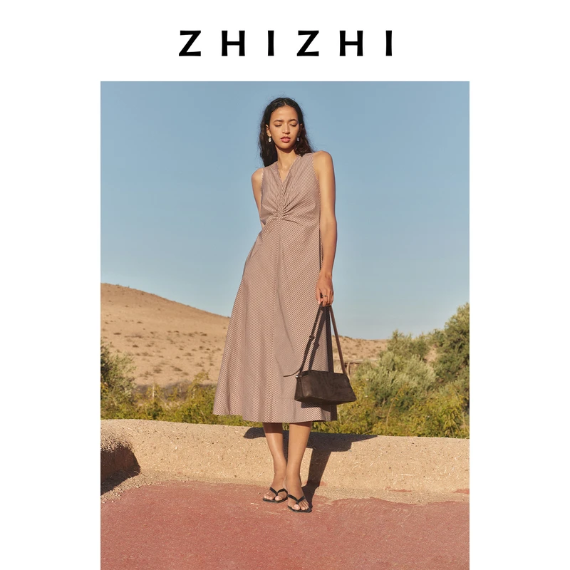 致知 谢池春慢 棉感条纹印花连衣裙女夏2025A字裙 ZZ2EMWL1080