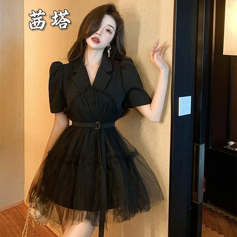 名媛气质黑色西装小礼服蓬蓬连衣裙女夏高级感炸街网纱西装公主裙