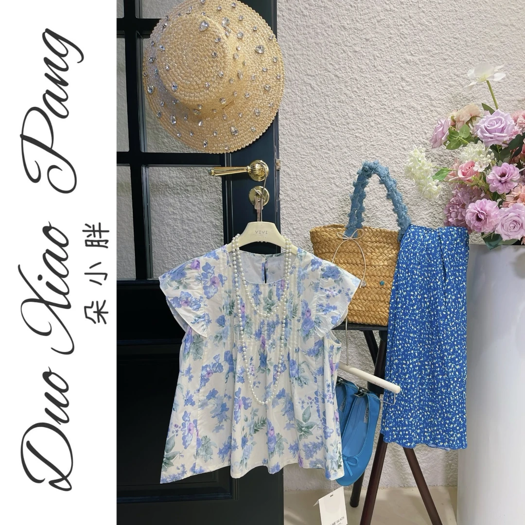 大码方领水溶刺绣花朵图案短款泡泡袖系带小衫女夏76215#