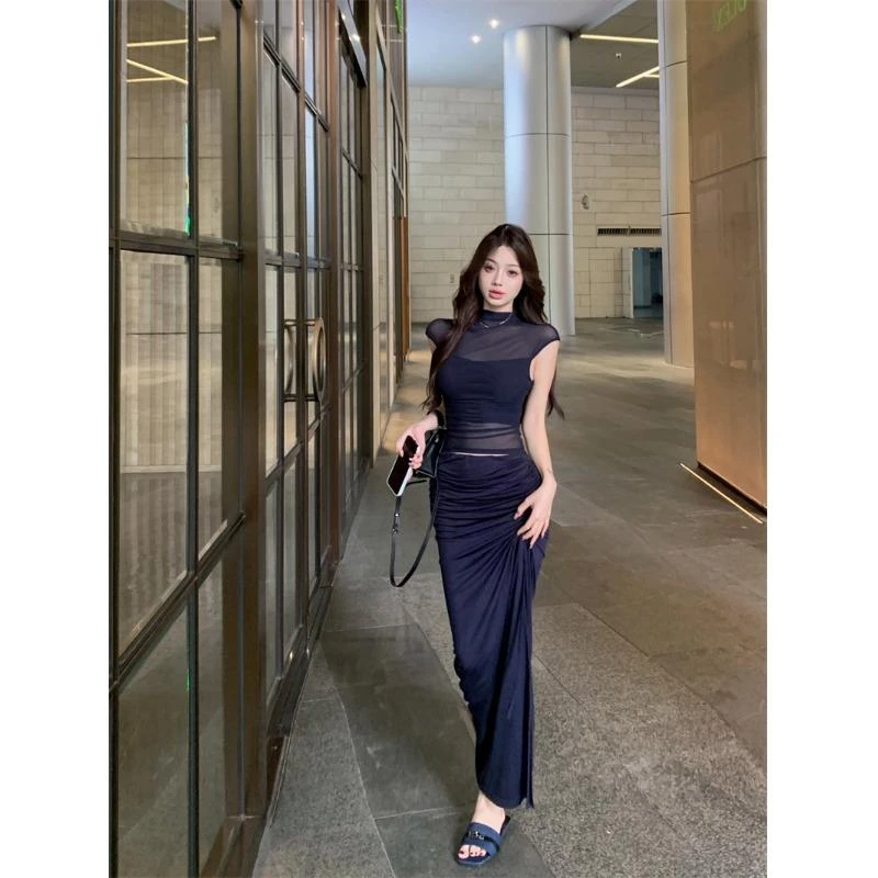 网纱拼接纯欲无袖背心T恤女夏季显身材套装褶皱包臀半身裙两件套