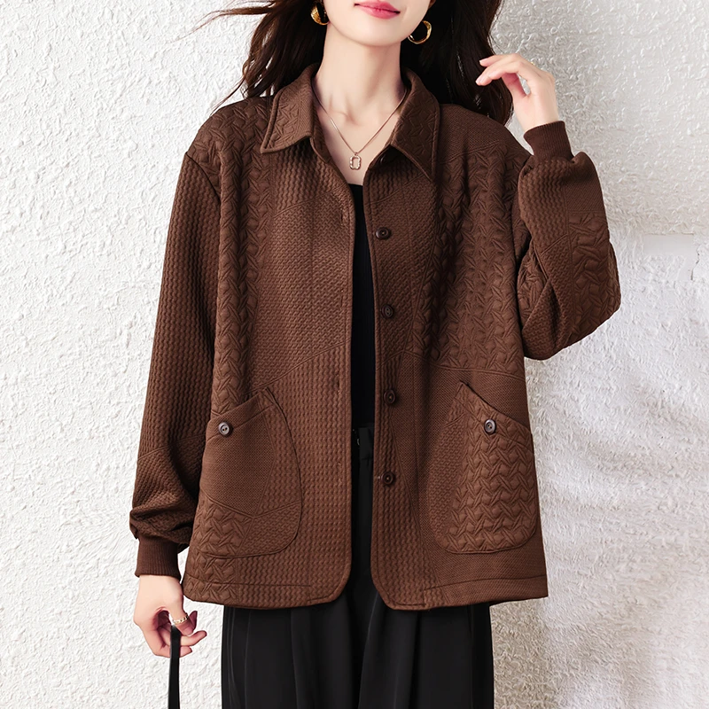 【女神新衣】2025秋装新款纯色翻领提花开衫外套时尚气质休闲上衣