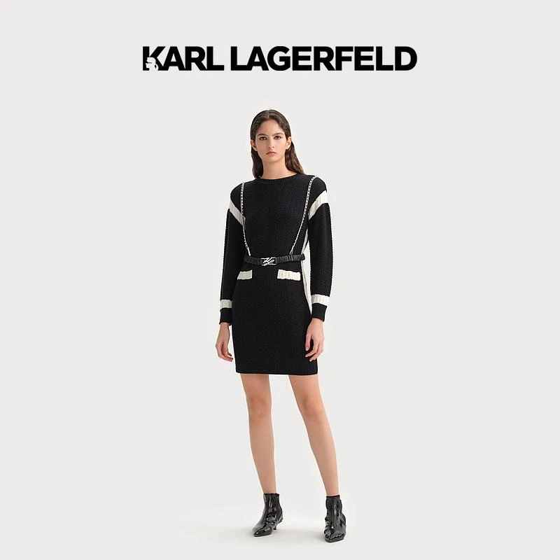 【胡兵精选】KARL LAGERFELD长袖白边针织连衣裙老佛爷236L1328