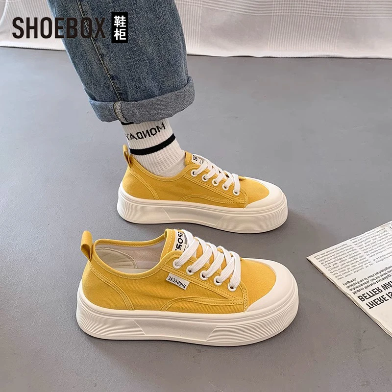SHOEBOX鞋柜百搭厚底帆布鞋女2025夏季新透气百搭休闲运动板鞋