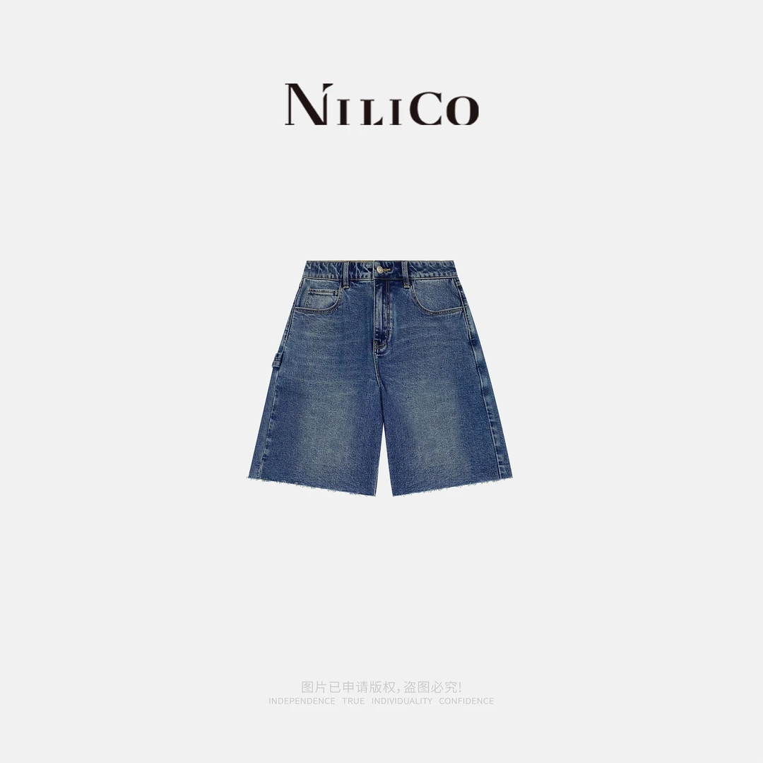 NILICO【时尚新宠】时髦减龄显瘦百搭宽松阔腿水洗5分牛仔中裤