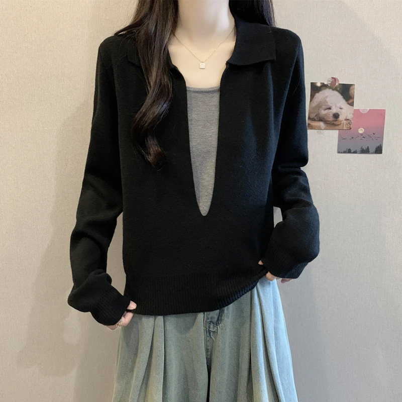 大码遮肚子假两件polo领针织衫女秋冬显瘦胖mm宽松设计感打底毛衣