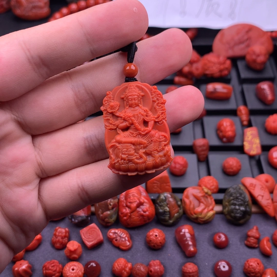 南红玛瑙未镶嵌南红精工雕刻普贤菩萨吊牌26mm