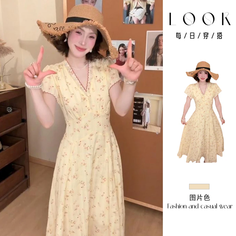 黄色碎花短袖连衣裙子女装2025新款夏季独特别漂亮掐腰小个子长裙