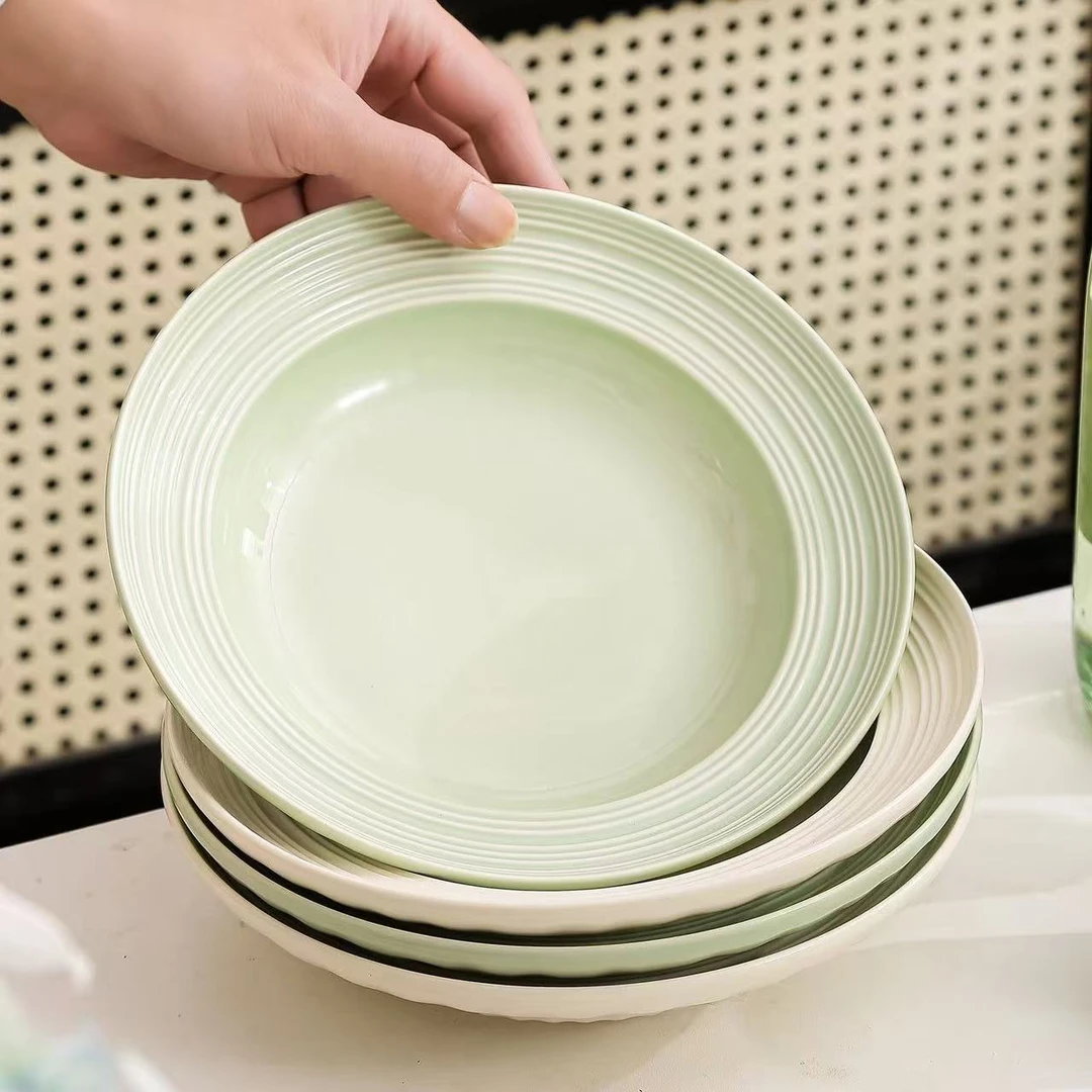 6支装！新款清新绿色釉拉丝8英寸深盘釉下彩售后联系客服
