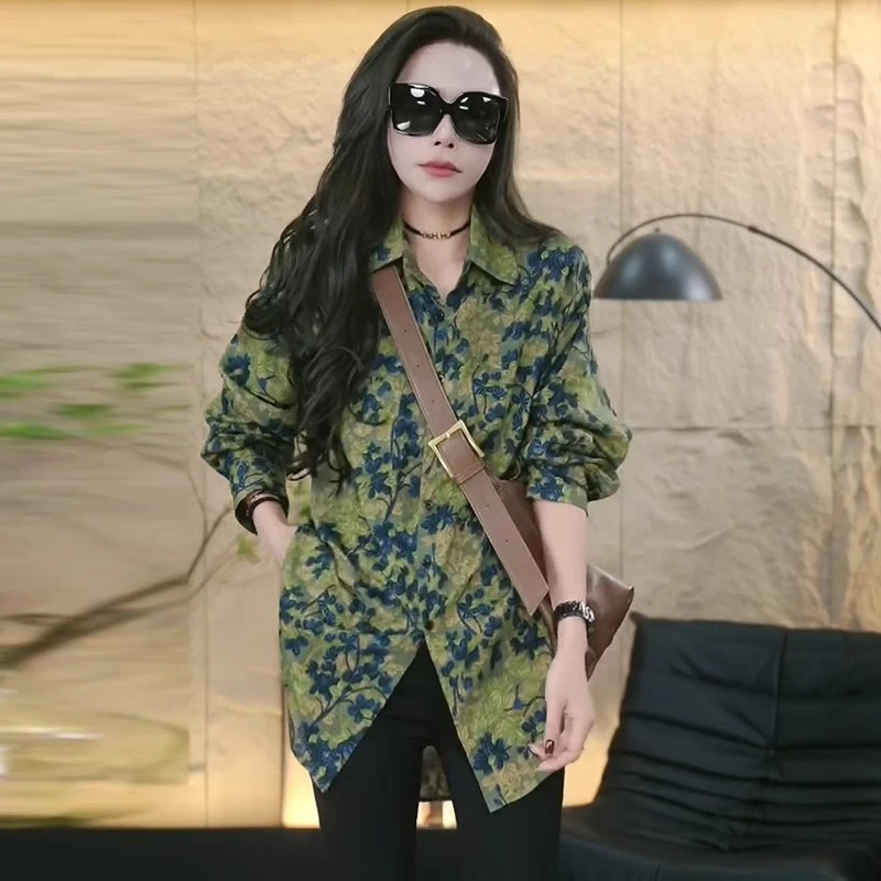 春季新款法式高级感衬衫女设计印花别致衬衣小衫遮肚百搭显瘦上衣