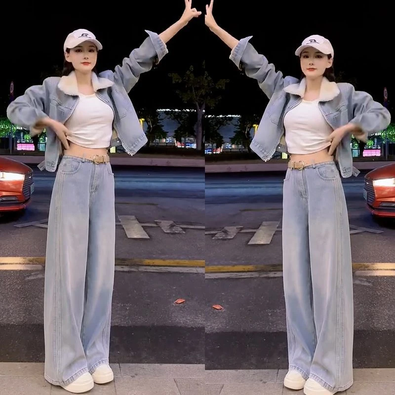 时尚套装女2025秋冬气质显瘦百搭仿羊羔毛领外套阔腿裤牛仔两件套