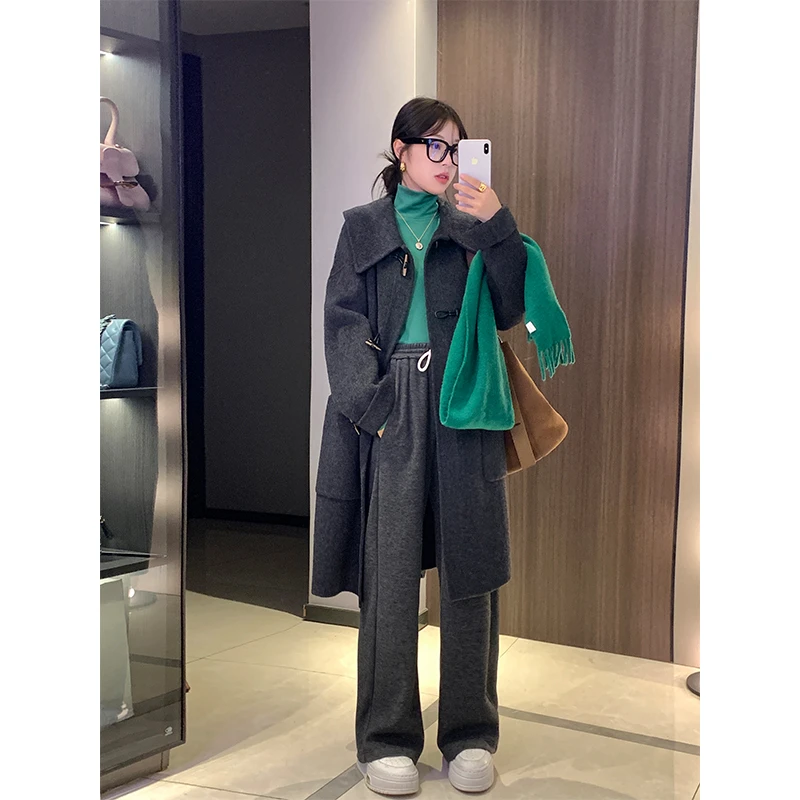 邹邹小个子新品真丝骆驼绒双面呢大衣小个子高品质羊毛牛角扣外套