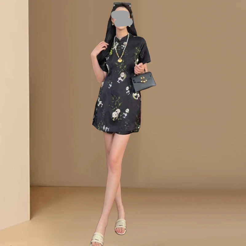 2025年新款新中式国风立领斜襟盘扣熊猫印花短袖旗袍显瘦百搭套装