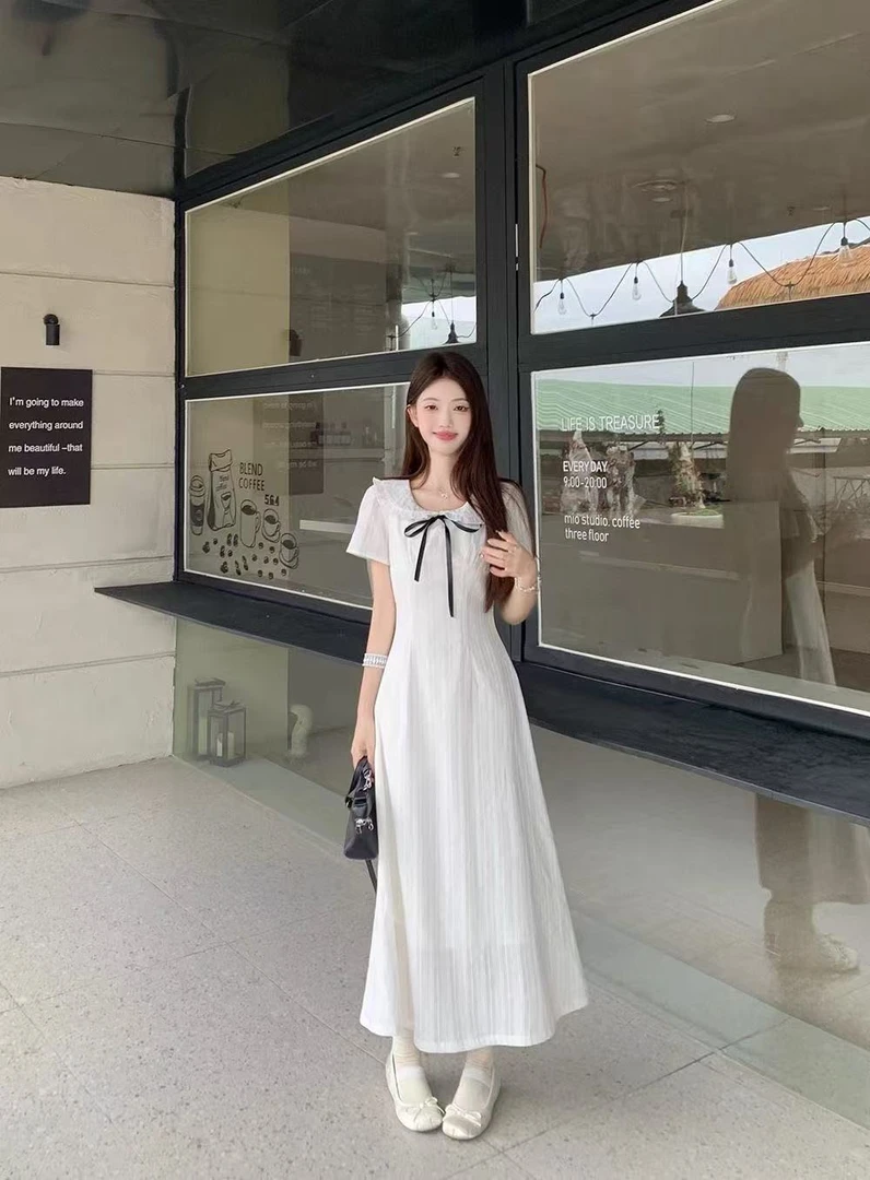 法式温柔风花边娃娃领短袖连衣裙夏季新款收腰显瘦气质长短裙女