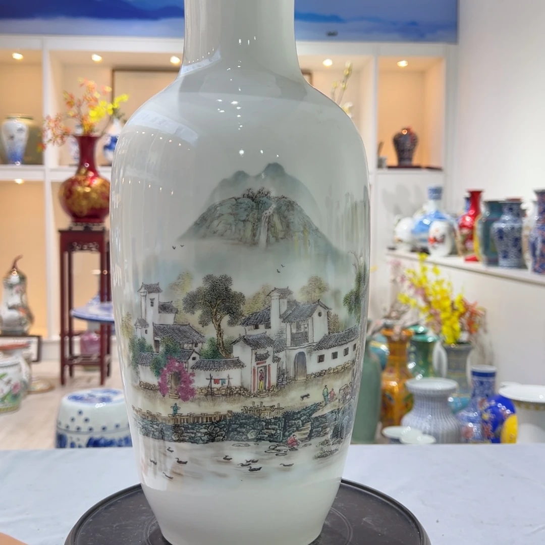 摆件陶45cm古镇风光冬瓜瓶