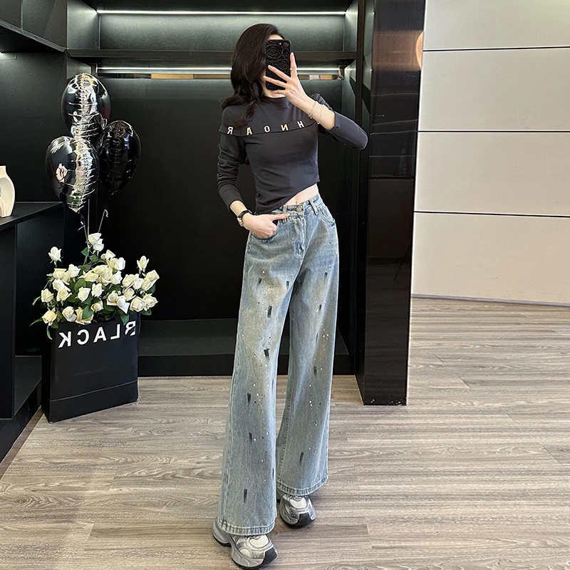 半高领修身长袖上衣显瘦阔腿牛仔裤时尚套装女百搭减龄两件套