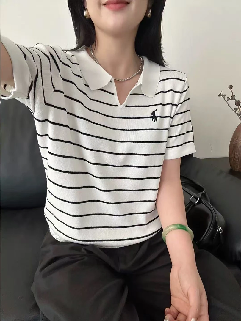 高品质简约撞色小V领短袖针织衫女夏季新薄款时尚显瘦休闲上衣