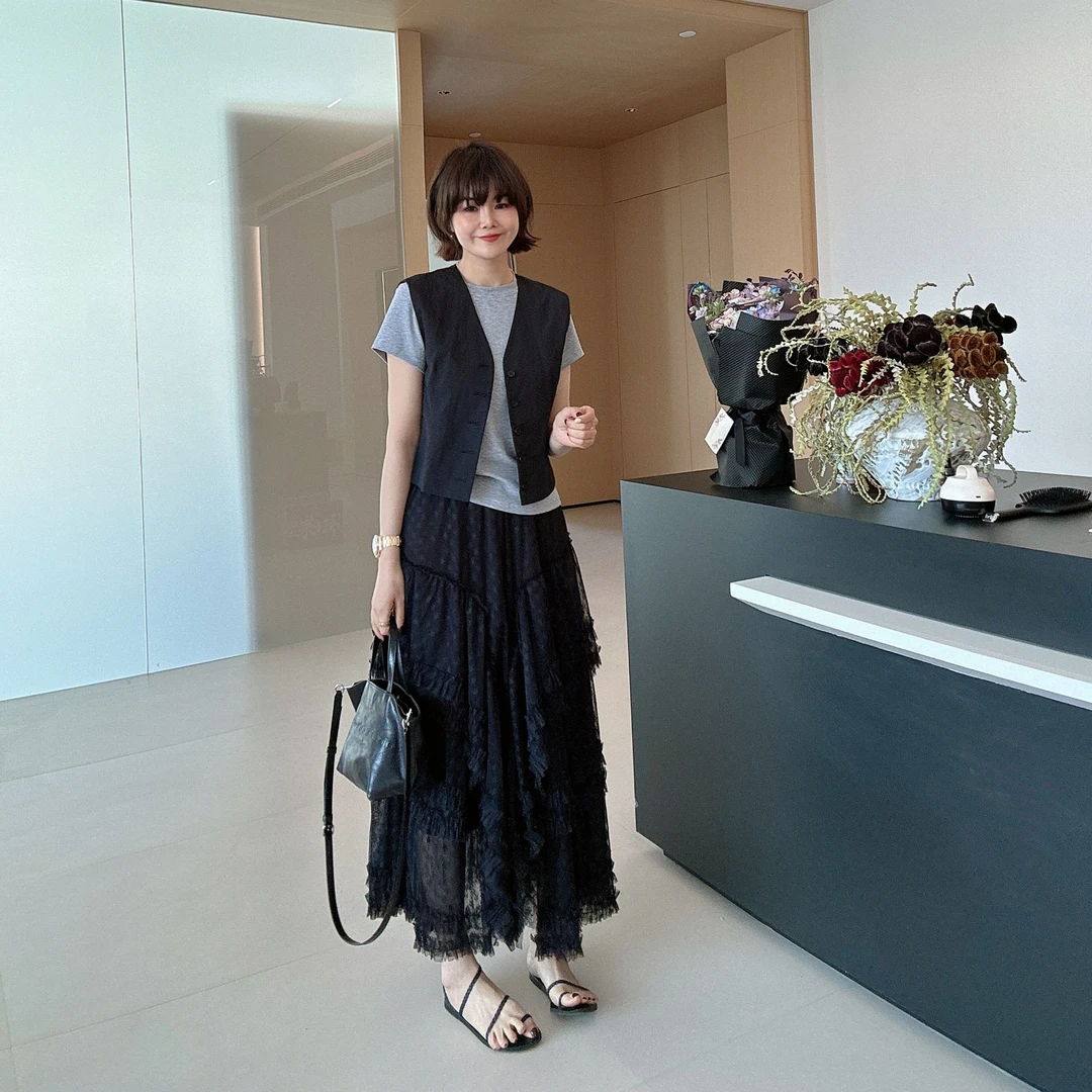 韩系高腰多层花边拼接松紧腰网纱半身裙蛋糕裙