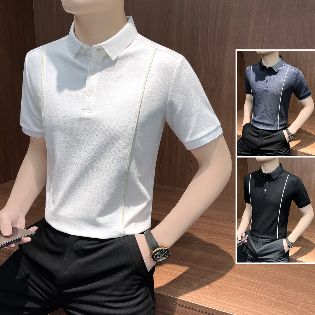 线条polo衫男款秋季爆款2025新款翻领高级感商务休闲男士短袖t恤