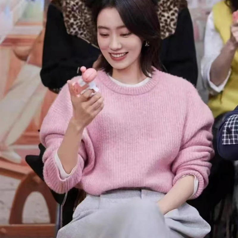 【桃红】明星张小斐同款粉色针织衫新款甜美时尚百搭上衣女.K41222b