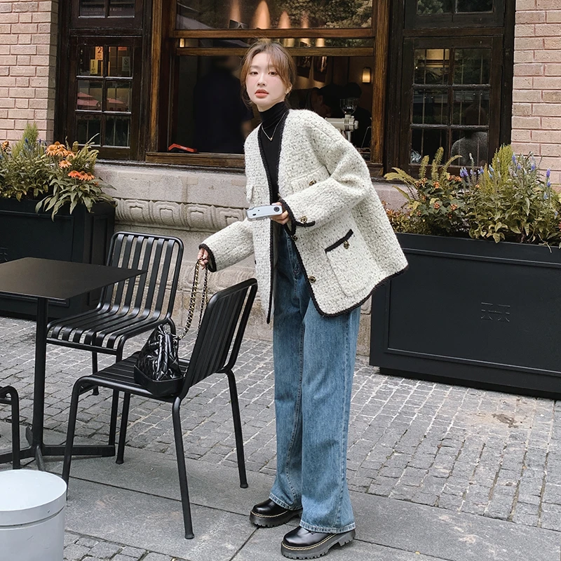 米白色小香风外套女2025春季新款韩系气质高级感粗花呢超好看上衣