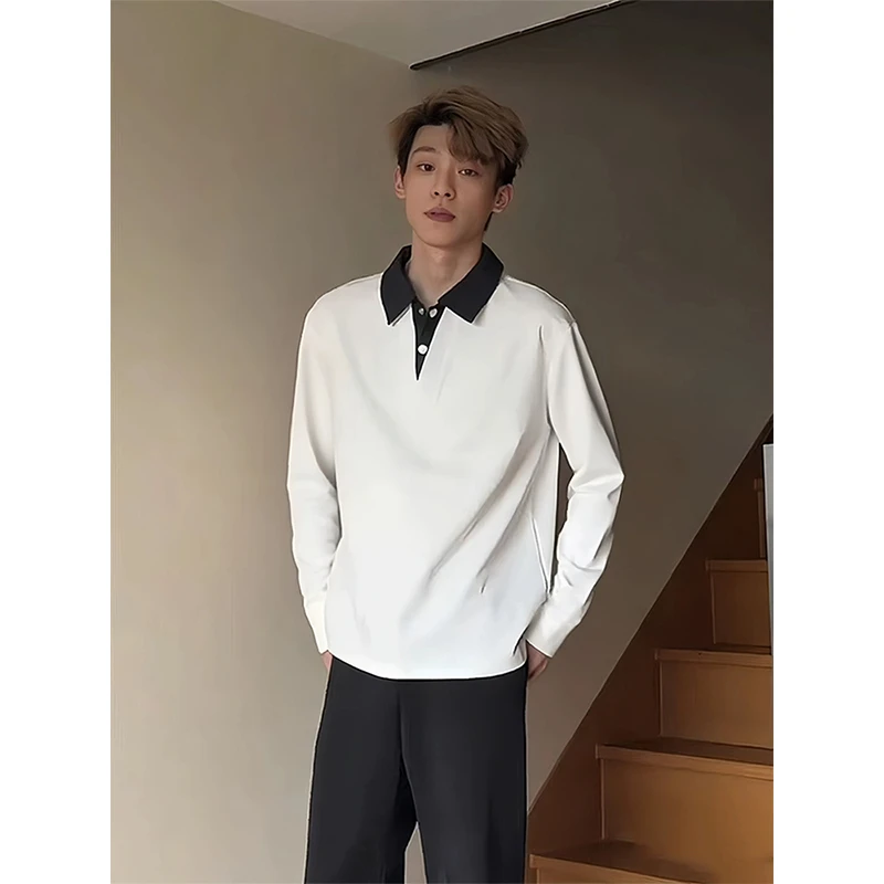 美式假两件长袖t恤男高级感痞帅正肩POLO衫通勤穿搭cleanfit卫衣