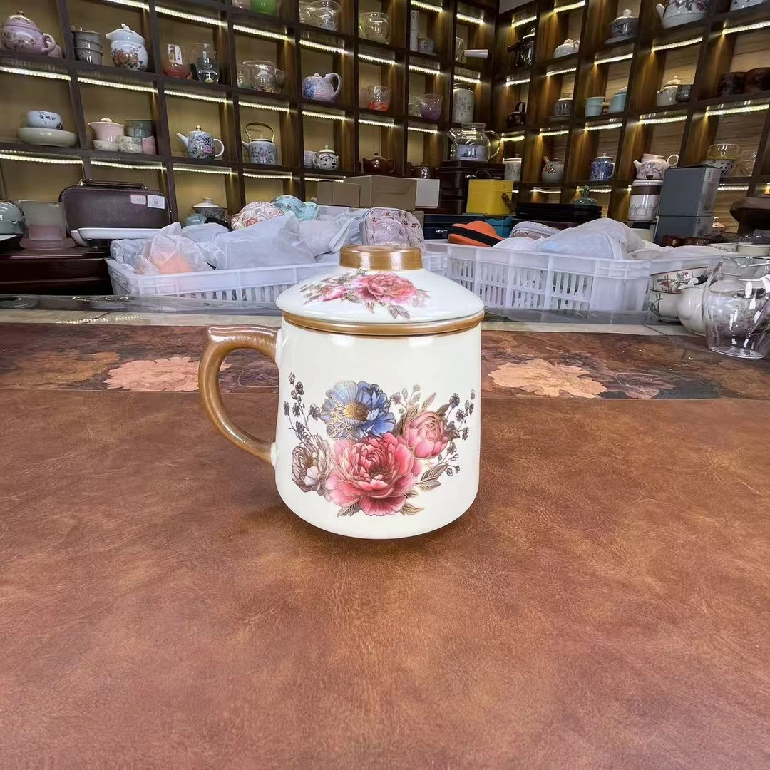 精致女士描金牡丹花米黄汝窑办公杯水杯茶水分离1820