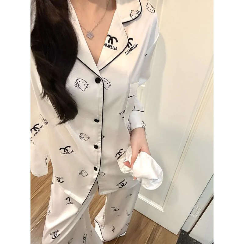 48春秋款睡衣女长袖长裤绸缎冰雪丝家居服套装小香风KT猫甜美外穿