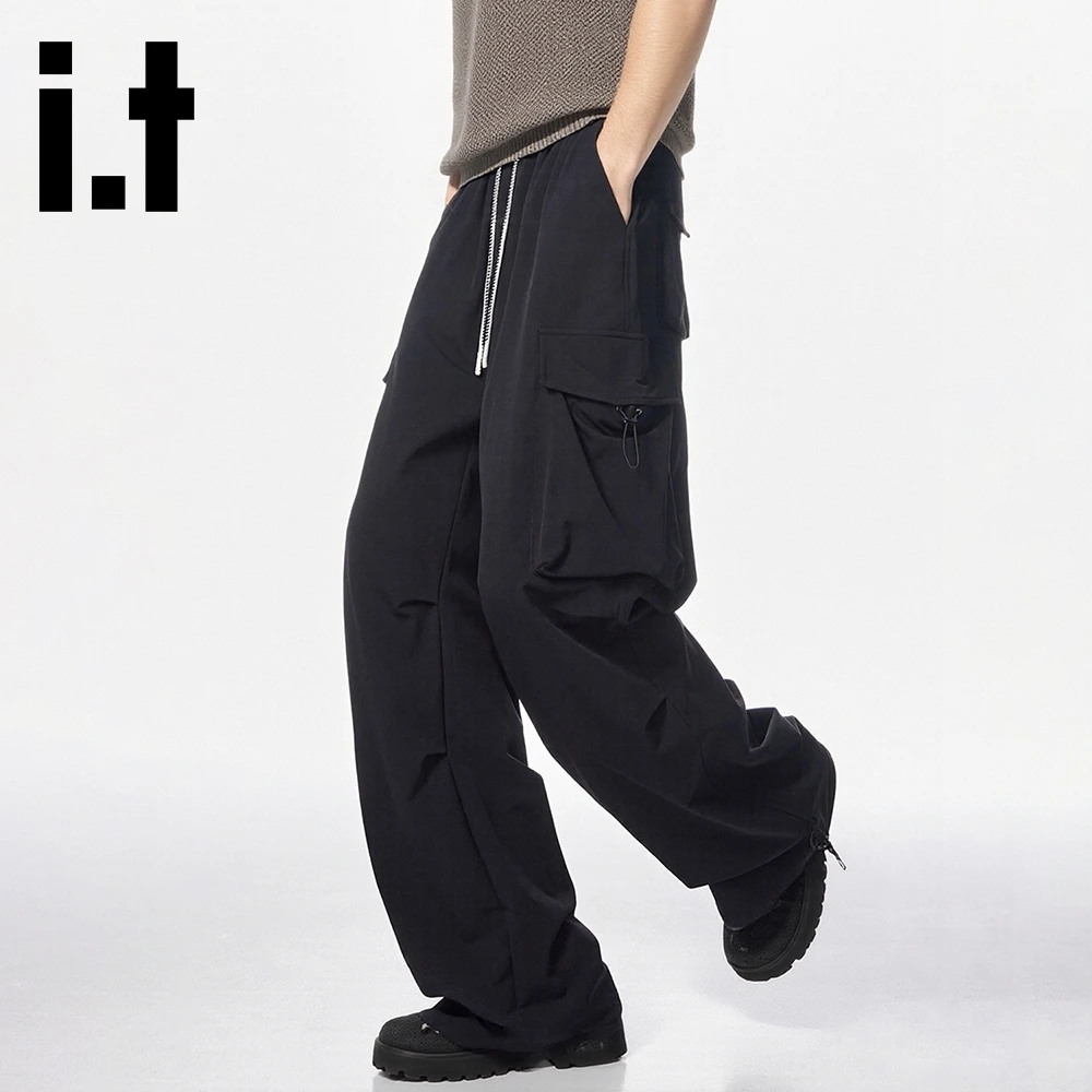 it:CHOCOOLATE新款直筒工装伞兵裤美式潮牌抽绳褶皱宽松拼接长裤