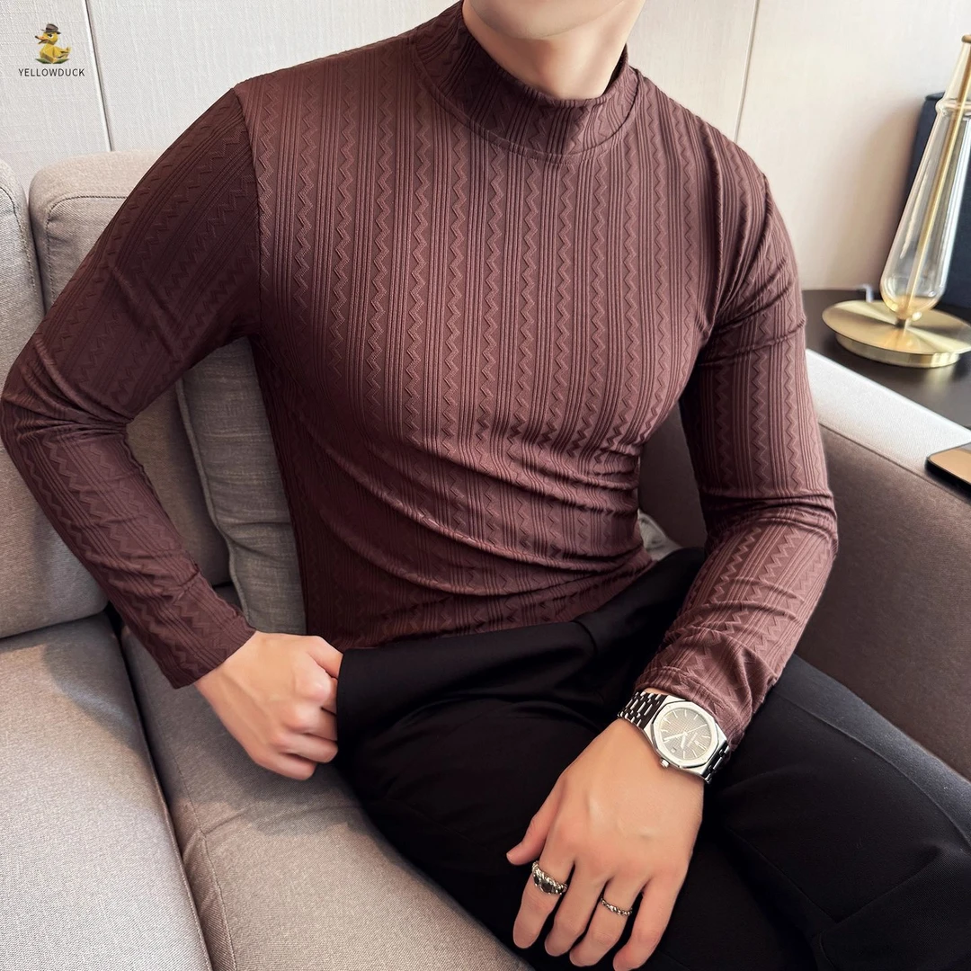 半高领男士长袖恤新款潮流高级感秋季提花修身内搭打底衫男