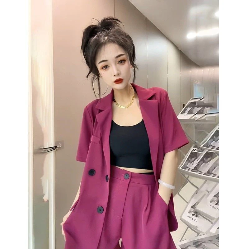 玫红色西装套装女夏季薄款小个子显瘦西服高腰宽松阔腿短裤两件套