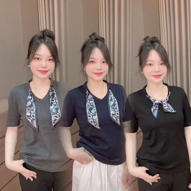 御妍婷蝴蝶结领带短袖显瘦正肩半袖t恤女百搭弹力新款上衣5368