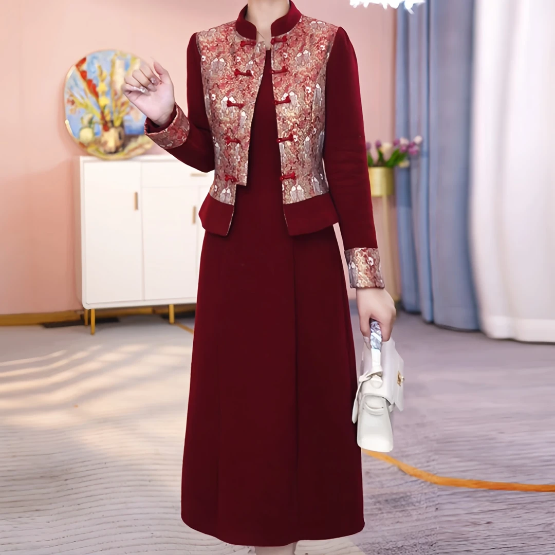 喜婆婆婚宴套装女2025春季新款中年妈妈装国风盘扣显瘦两件套裙子