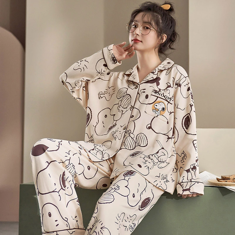 「史努比」秋冬新款开衫长袖睡衣女春秋季套装休闲可外穿大码家居服