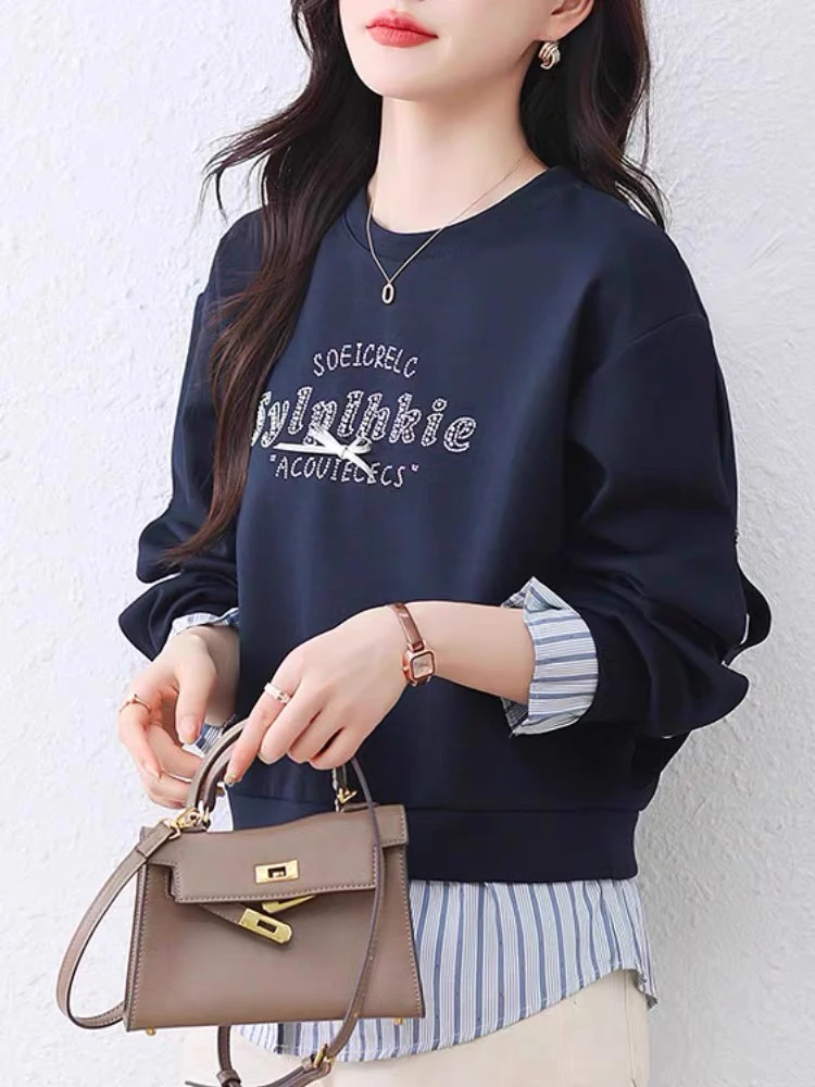 9640时尚宽松春秋假两件女士韩版圆领字母条纹拼接洋气上衣卫衣