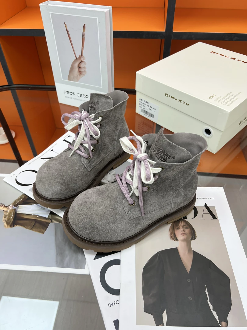 AB1001-3DW早秋新款真皮软底马丁靴时尚百搭靴子灰色牛皮马丁靴