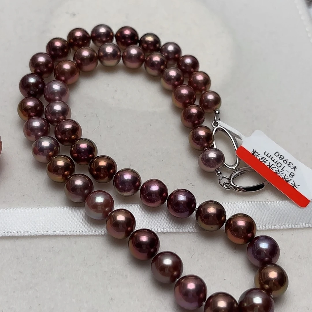 银S925镶嵌淡水珍珠颈饰8-10正圆拉菲酒红糖果