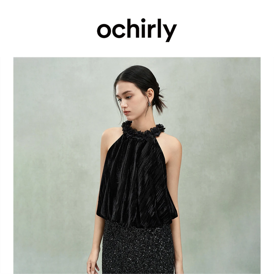 ochirly欧时力丝绒挂脖背心女花边露肩短款上衣春季2025新品显瘦