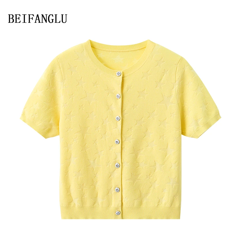 北方鹿 莱赛尔棉桑蚕丝夏季星星提花薄针织短袖251047