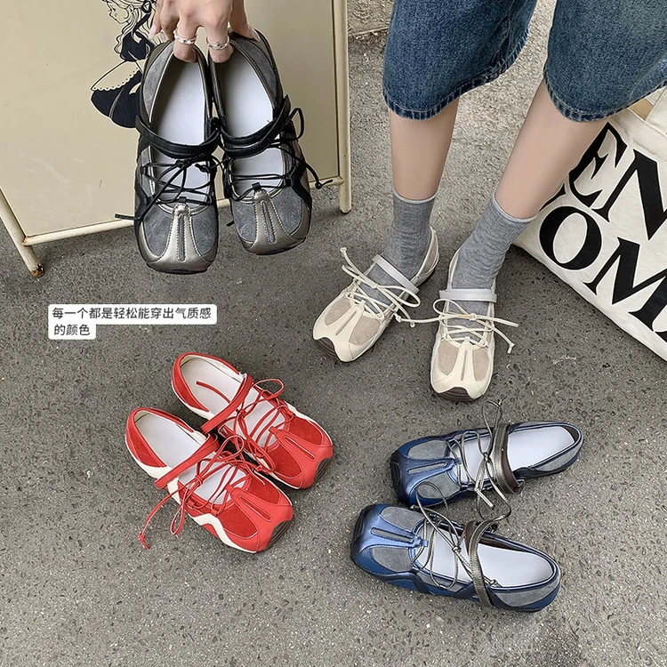 玛丽珍鞋2025年夏季时尚平跟交叉绑带拼色气质百搭复古学生厚底