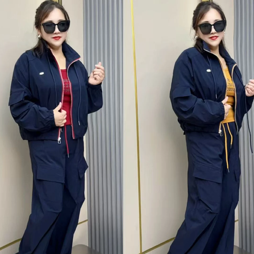 春秋洋气炸街女士棒球服外套无袖背心阔腿裤穿搭套装